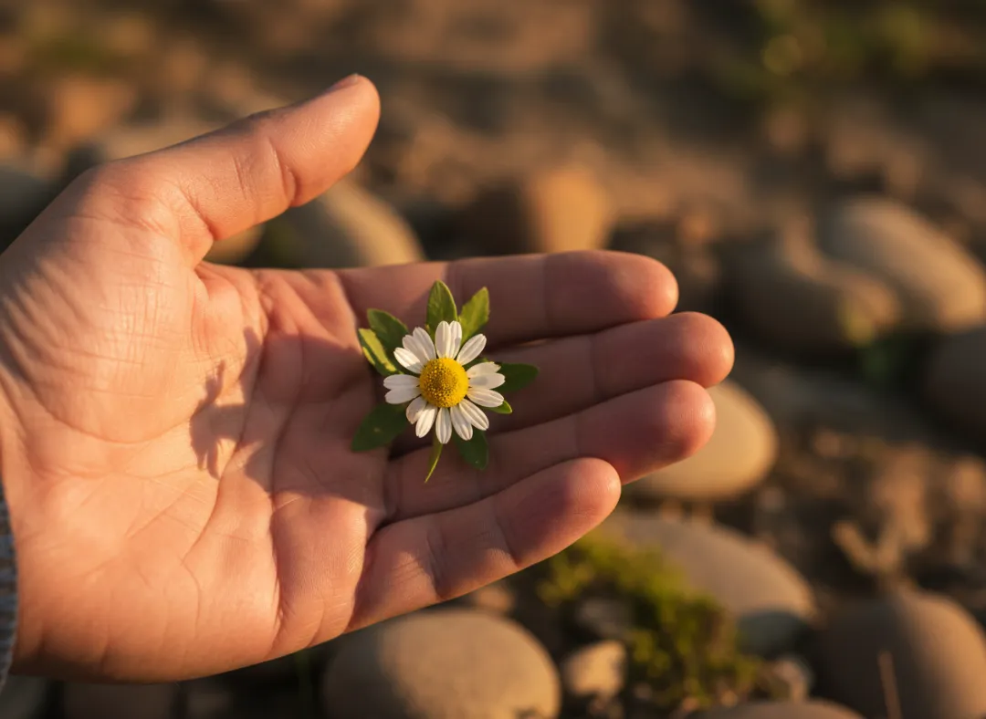 A hand gently holds a daisy with green leaves against a blurred background of stones and muted earth tones.