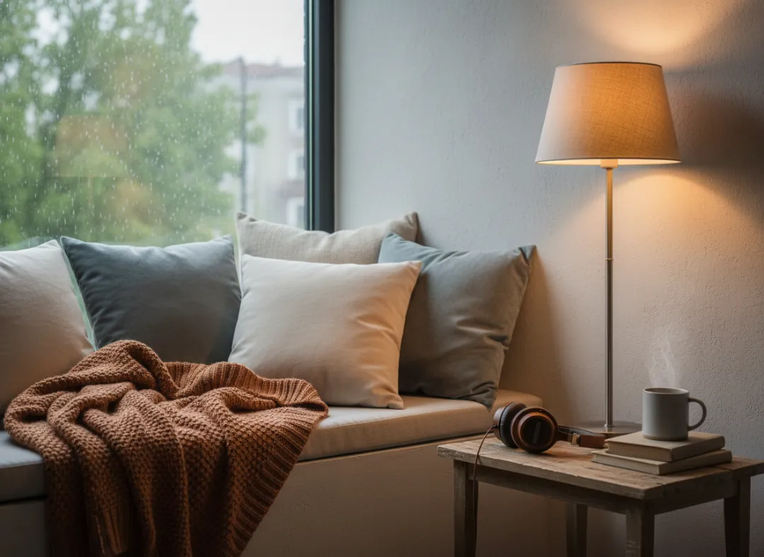 Cozy corner with a window, plush cushions, a knitted blanket, a wooden table with stacked books, a mug, and a lamp. Rain visible outside.