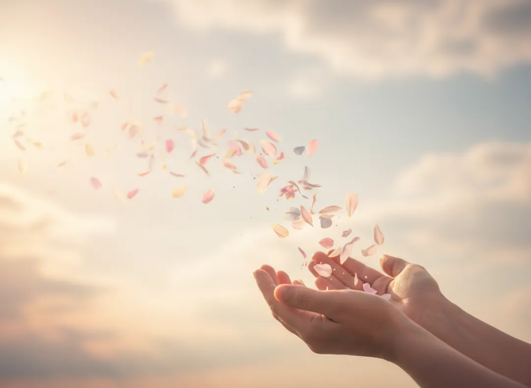 Two hands release colorful flower petals into the air against a soft, cloudy sky, evoking a sense of freedom and beauty.