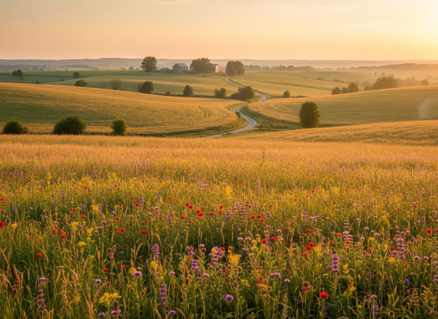 A serene landscape at sunset, featuring rolling hills, a winding path, and a vibrant wildflower field in the foreground.